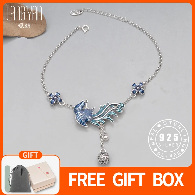 

Langyan Ethnic Blue Peacock Flower Foot Bracelet for Women Chinese Style 925 Sterling Silver Enamel Anklets Jewelry 25cm JL011