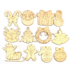 10pcs 4.8-10.5cm Christmas Bell/Tree/Santa Claus Natural Wooden Pendant DIY Xmas Crafts Home Hanging Decoration Kids Gifts C4135