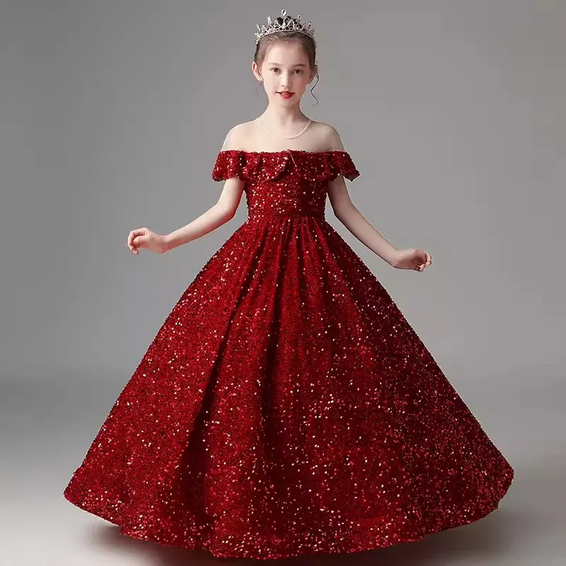 Little Girls Luxury Banquet Dress Ruffle Sequin Performance Formal Prom Dresses Children Party Floor Length Pageant Gown Elegant