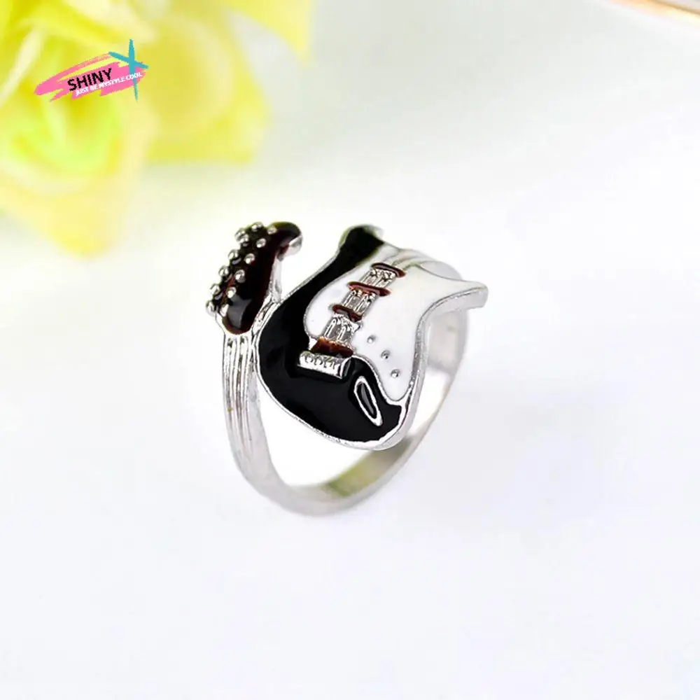 

Brand New Lovers' Personality Black White Color Women Jewelry Oiled Alloy Ring Varnish Guitar
