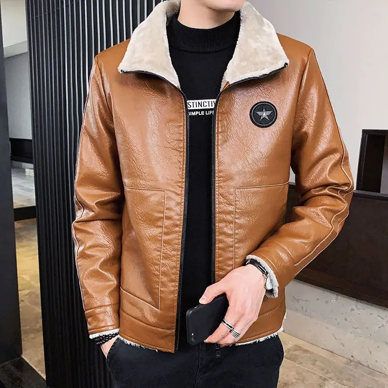 Youth Leather Jackets Fashion Korean Slim Fit Plush Thicken Casual PU Leather Coats Solid Turn-Down Collar Zipper Male Outerwear