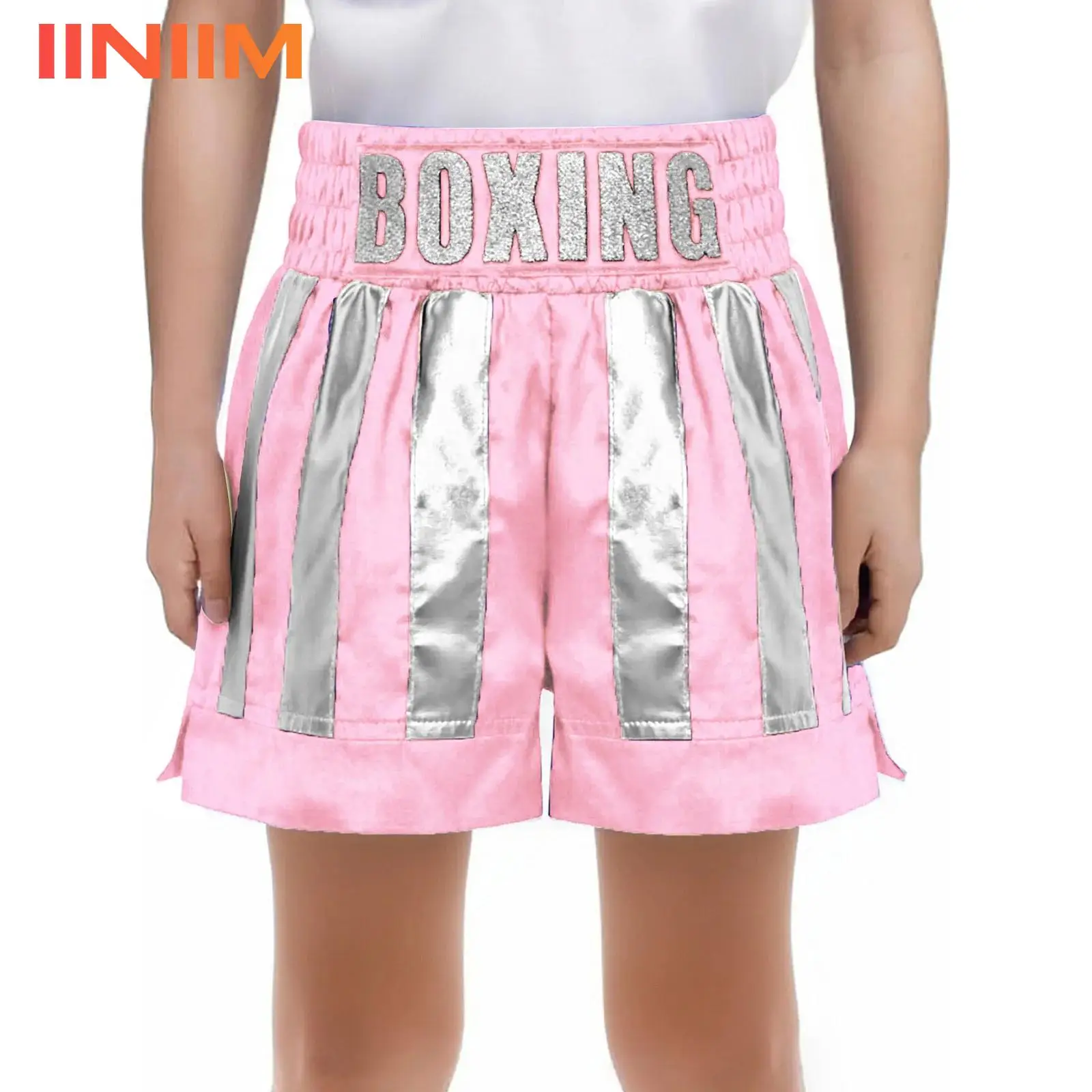 

Kids Boys Metallic Color Block Satin Boxer Training Shorts Kick Boxing Trunks Elastic Waistband Sides Slit Muay Thai Costume