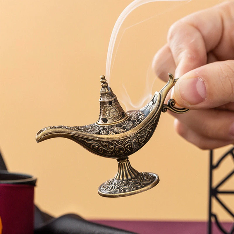 Magic Lamp Shape Incense Burner Zinc Alloy Hollow Carved Vintage Censer for Incense Tablets Home Meditation Decor Holiday Gift
