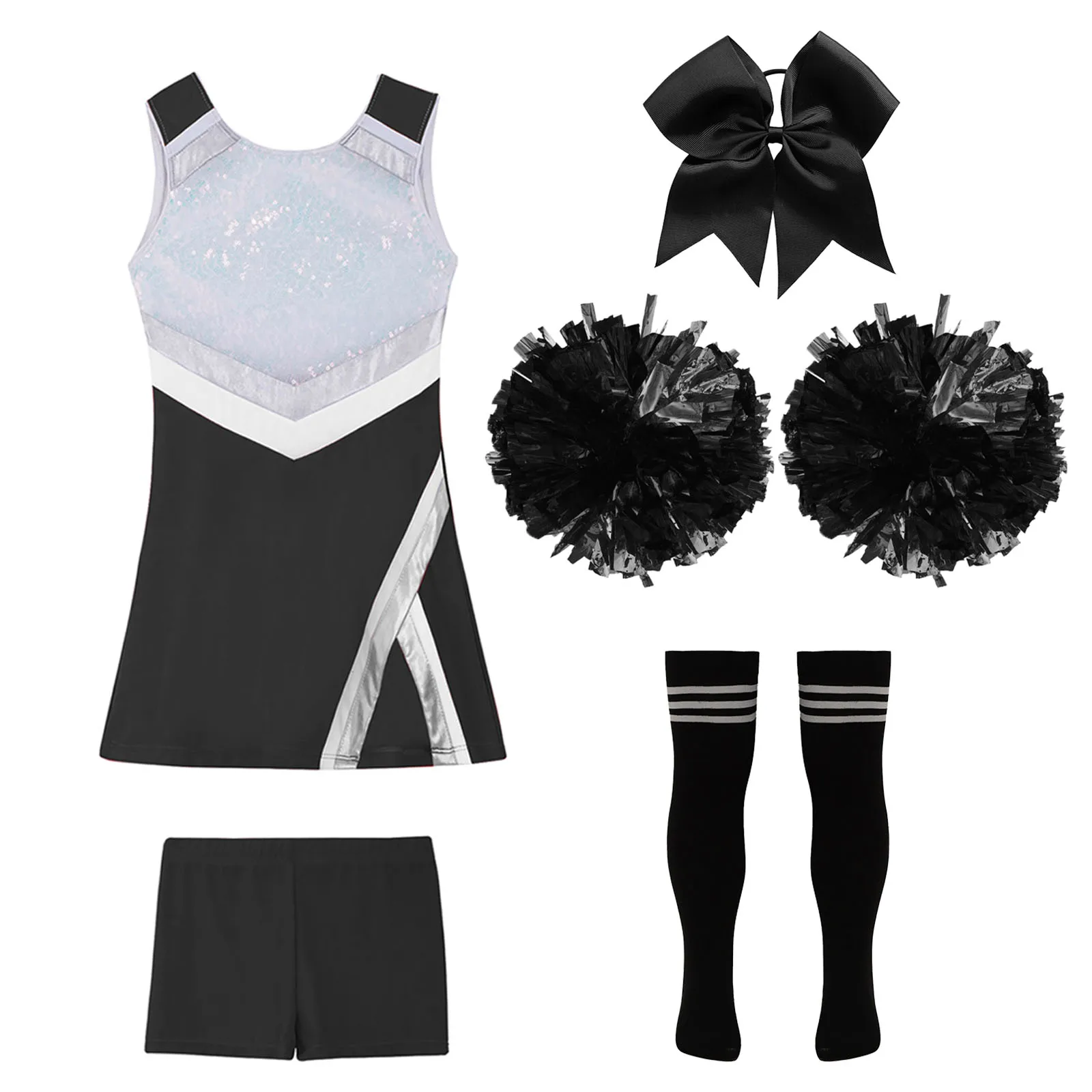 Kids Girls Cheerleader Costume Sequins Hip Hop Jazz Dance Performance Outfit Halloween Cheerleading Sports Uniform Dress Up