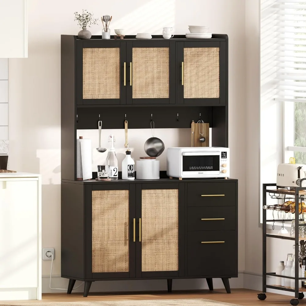 Kitchen Pantry Cabinet with Microwave Shelf, Rattan Freestanding Storage Cabinet with Charging Station,  with Drawers and Doors