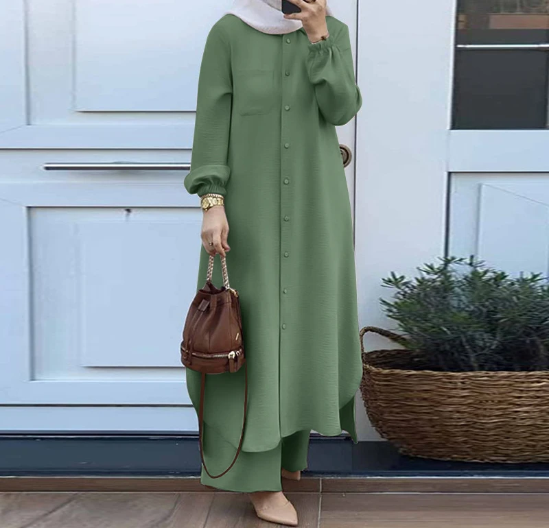 Casual Sets of Clothes for Muslim Woman Fashion Mushroom Button Long Sleeves Pants Suits for Female New Spring and Autumn 2023