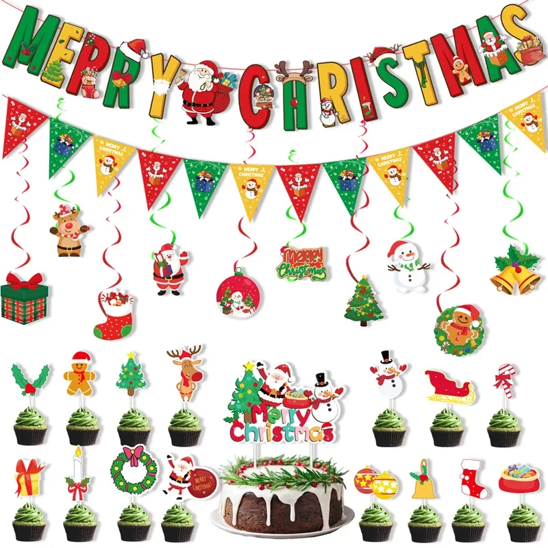 

2025 Christmas Party Decoration, Santa Claus Banner Cake Plug Set Festive Flag Flag Arrangement