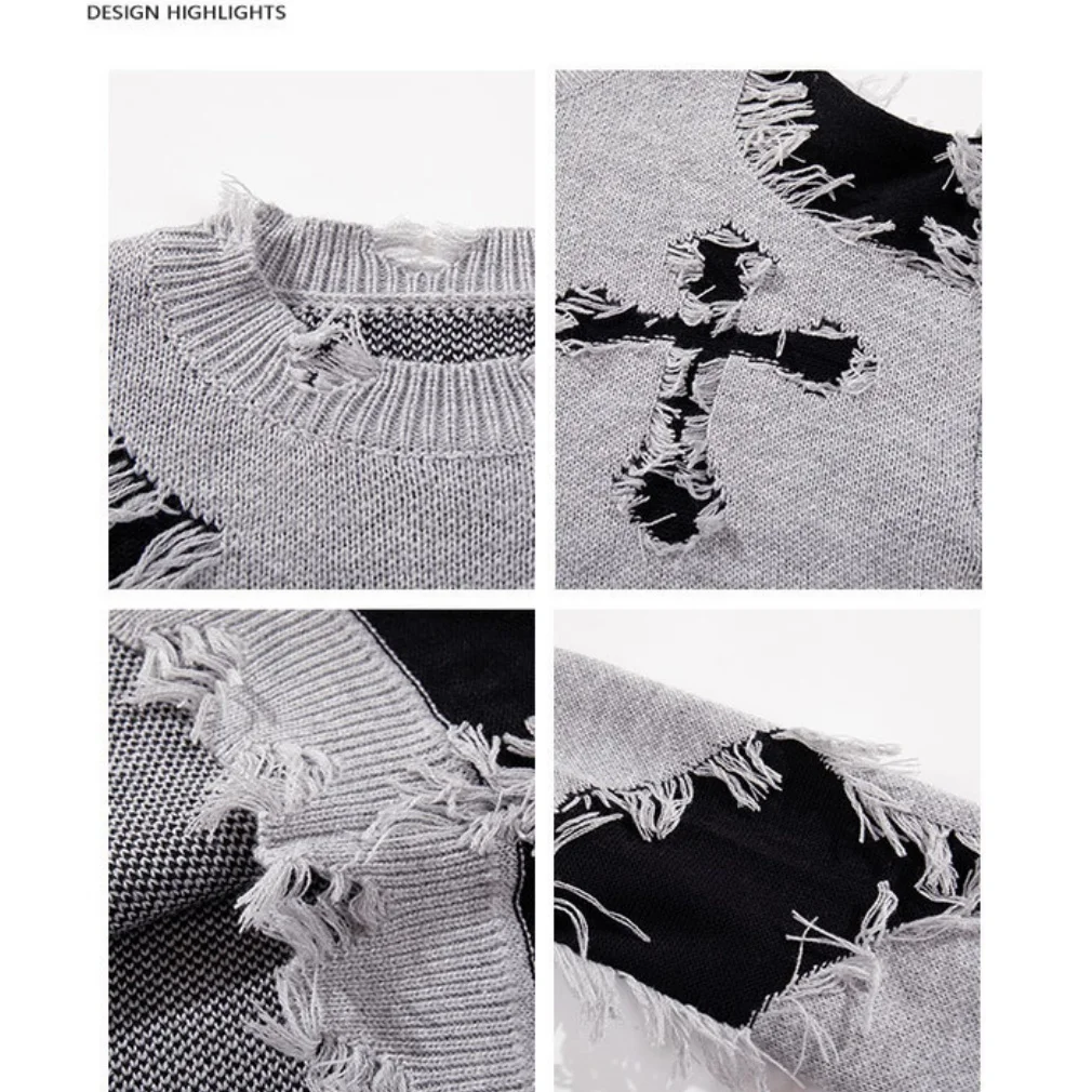 고딕 펑크 유니섹스 니트 스웨터 독특한 다용도 루즈 크루넥 니트 풀오버 디스트레스드 하이 스트리트 커플용 스웨터