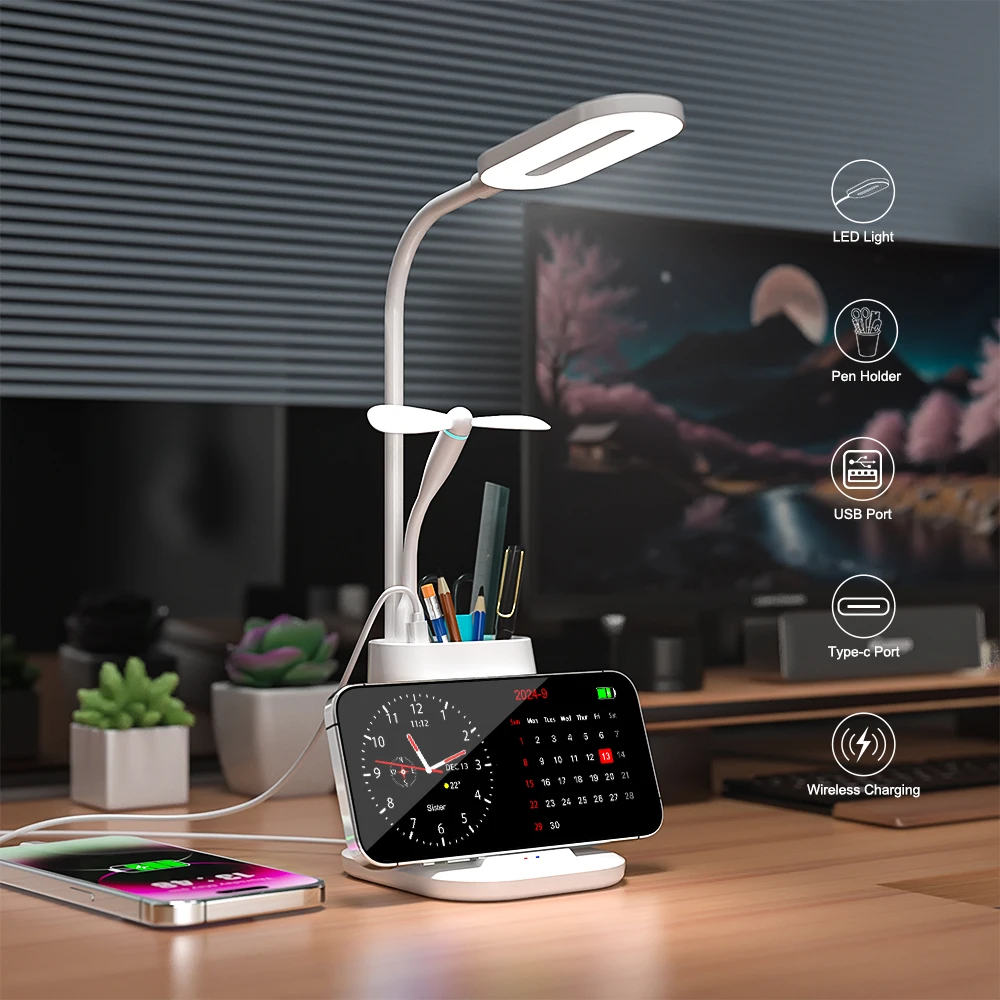 

Подставка для беспроводного зарядного устройства 5 в 1, светодиодная настольная лампа, настольная лампа, ночник для учебы, вентилятор, станция быстрой зарядки PD USB, iPhone Samsung