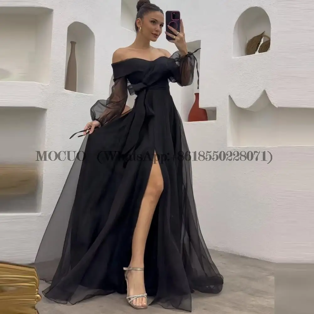 

Off Shoulder Evening Dresses Women Puffy Sleeves Elegant Black Tulle High Slit Wedding Guest Elegant Formal Party Gowns