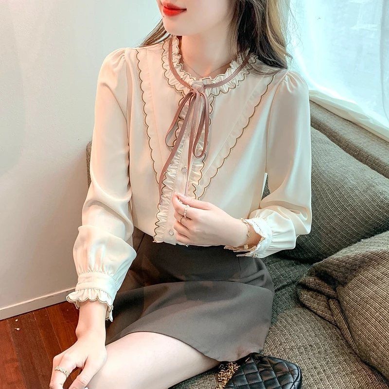 Long Sleeve Blouse Women Ruffles Chiffon Blouse Shirt Tops Women Blusas Mujer De Moda 2024 Blouses Shirts Blusa Camisas F507