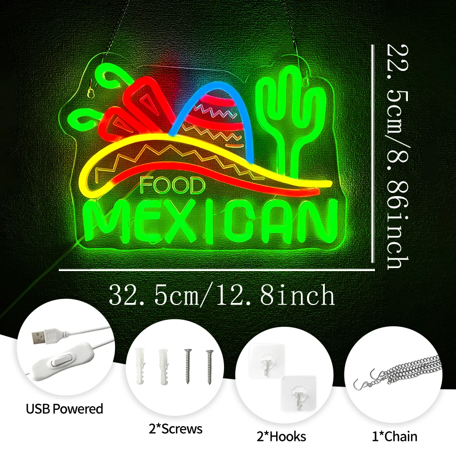 Food Mexican Neon Sign For Wall Decor,Light Up Sign For For Business Mexico Restaurant Fast Food Shop Ruck,Bar,Pub,USB Powered