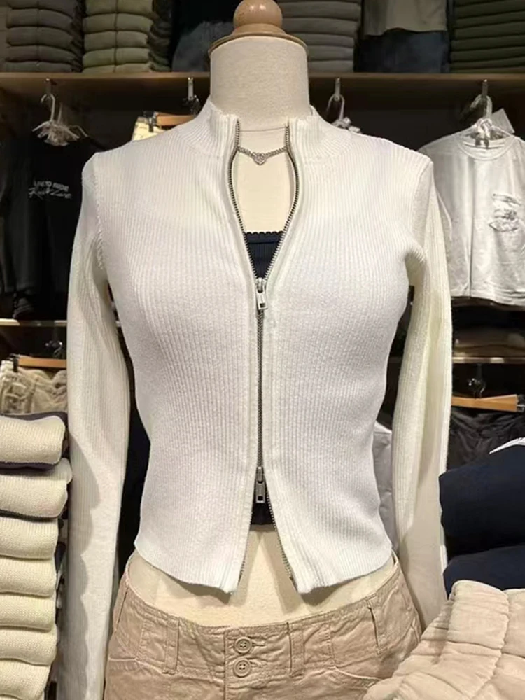 Cardigan lavorato a maglia solido Vintage da donna Casual primavera Chic maglione a maniche lunghe in cotone con doppia cerniera Femme Y2k