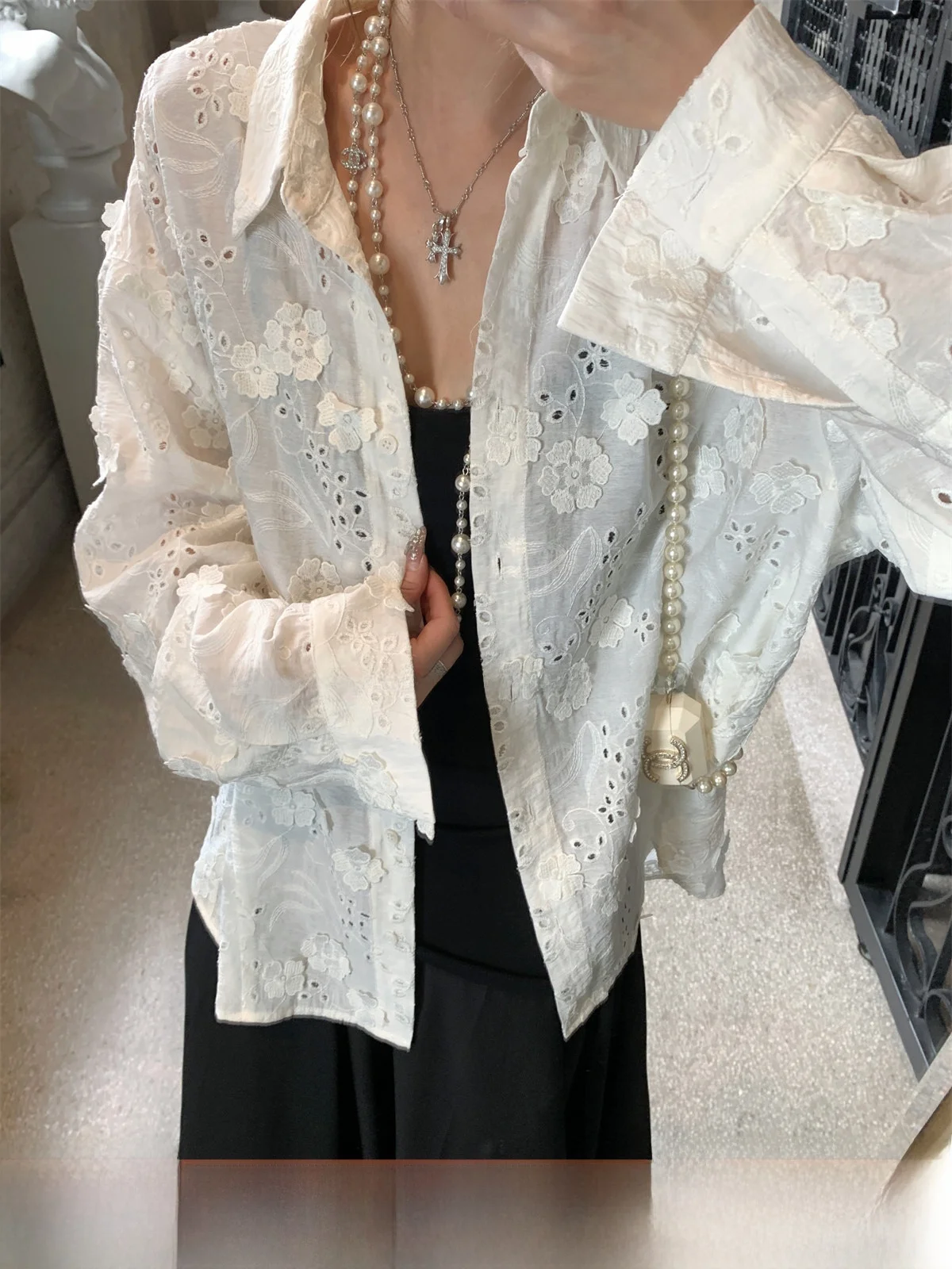 

Женская свободная блузка GV Big Brother Heavy Industry с длинным рукавом, вырезами и цветочным декором, однотонная, для повседневной носки