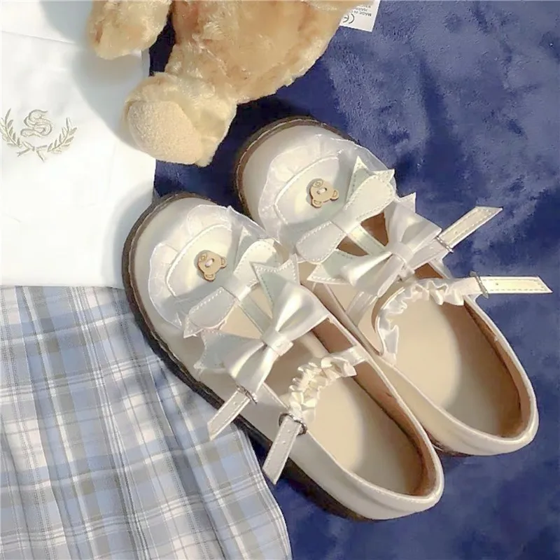 

Japanese Women's Jk Uniform Lolita Shoes Lace Cute Sweet Round Head Retro Sweet Girl Bear Button Goth Cosplay School Female Flat