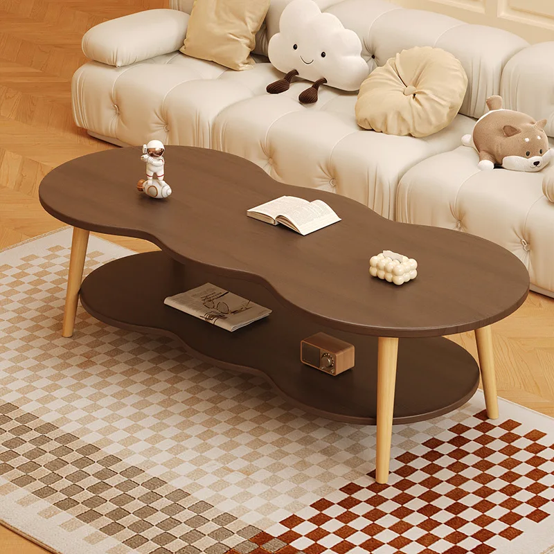 Formwell 80*40cm top 2 tier Peanut-Shaped Coffee Table Sofa Table Accent Table for Living Room easy assembling solid wood legs