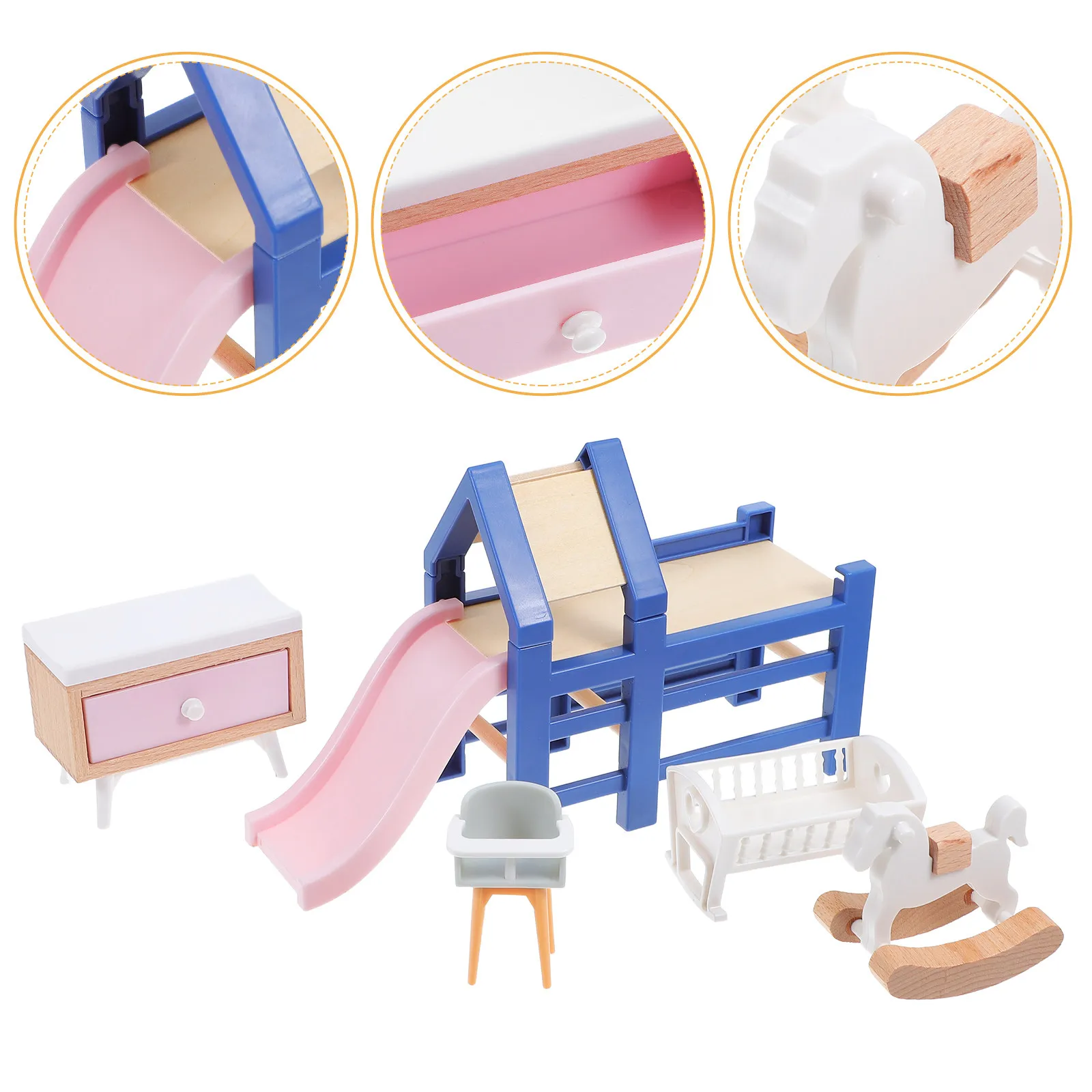 1Set Mini Dollhouse Nursery Furniture Set 1:12 Scale Mini Bed Slide Rocking Horse Stool Compact Safe Smooth Finish Visual
