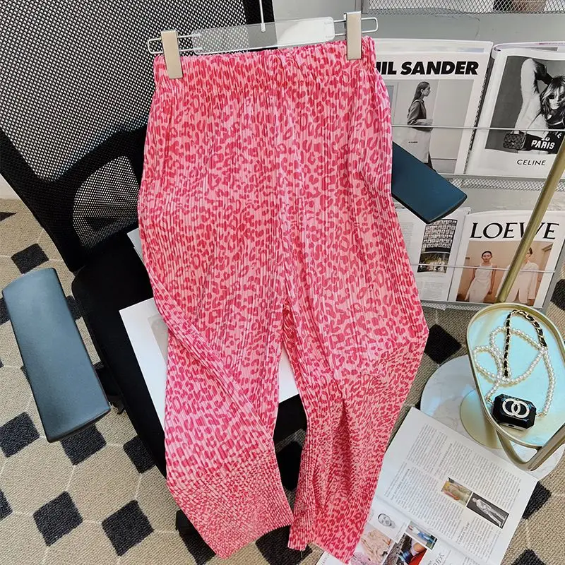 Pink Leopard Design Wide Leg Pants Women\'s Pleated Style Casual Pants Loose High Waist Slim Straight Leg Pants