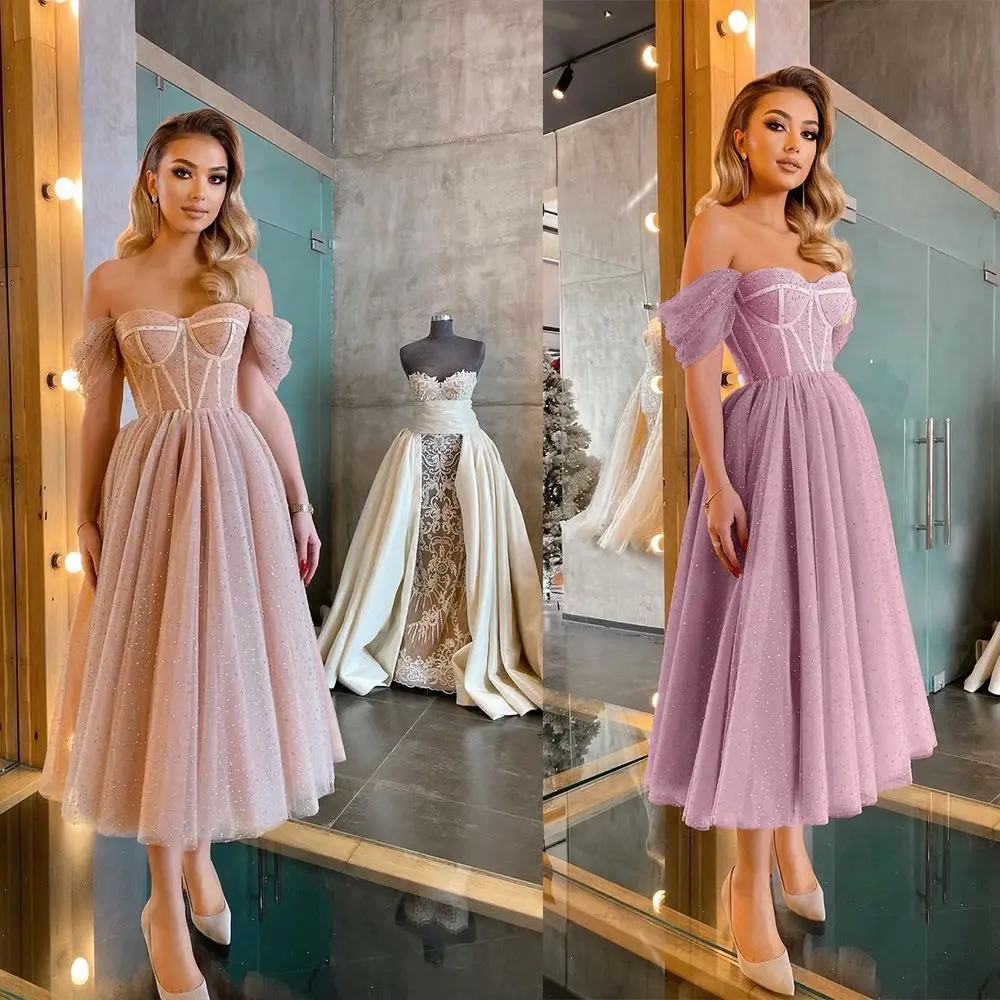 

Party Evening robes de soirée Tea Length Prom Women Midi Corset Dress Backless Vintage Off Shoulder Tube Ball Gowns Vestido 2024