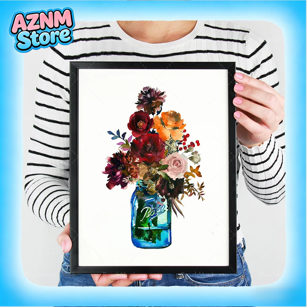 Impresión de ramo de flores en acuarela, Impresión de tarros Mason, Tarros Mason florales, Pintura de tarros Mason, Naturaleza muerta, Flores, Lienzo estilo rústico