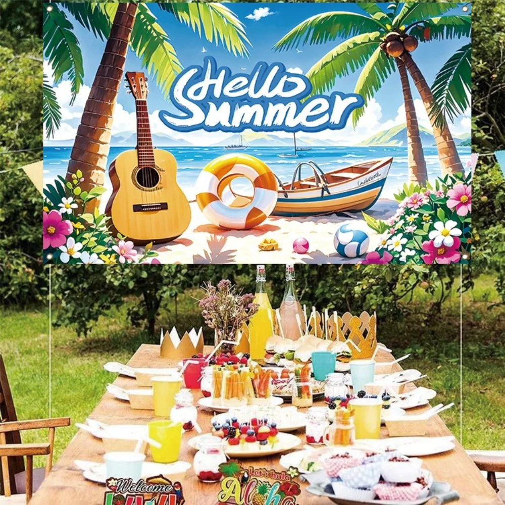

Tropical Theme Hello Summer Beach Backdrop Coconut Tree Flower Boat Hawaiian Photography Background Lifebuoy Vibrant Colors
