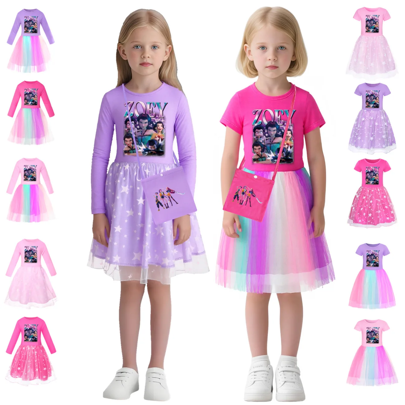

KPop Demon Hunters zoey Kids Clothes Long Slevess Dresses Cotton Rainbow Full Dress Teen Girl's Fashion Clothing Party Clothes