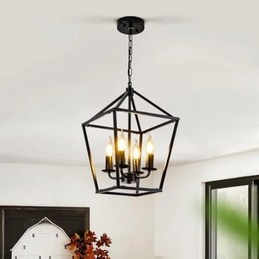 

Black Farmhouse Chandelier Industrial 4 Light Pendant Light Fixtures Rustic Metal Lantern Ceiling Hanging Light for Entryway Fo