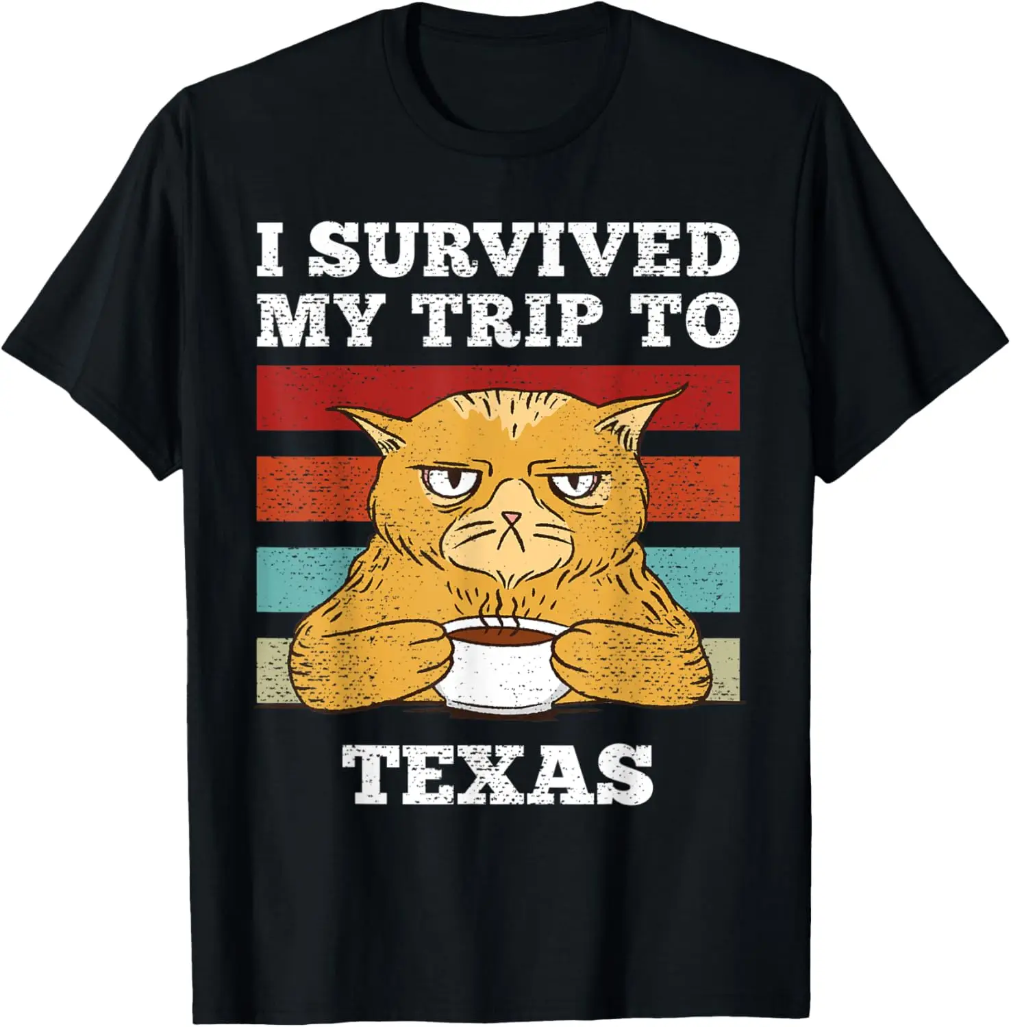 

Винтажная футболка «I Survived My Trip To Texas» с кофе «Утомленный кот»