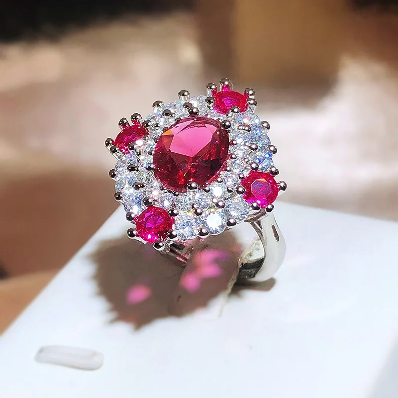 925 Silver New Simulation Pigeon Red Gemstone Ring Female Banquet Wedding Cocktail Ball Accessories Gift Wholesale