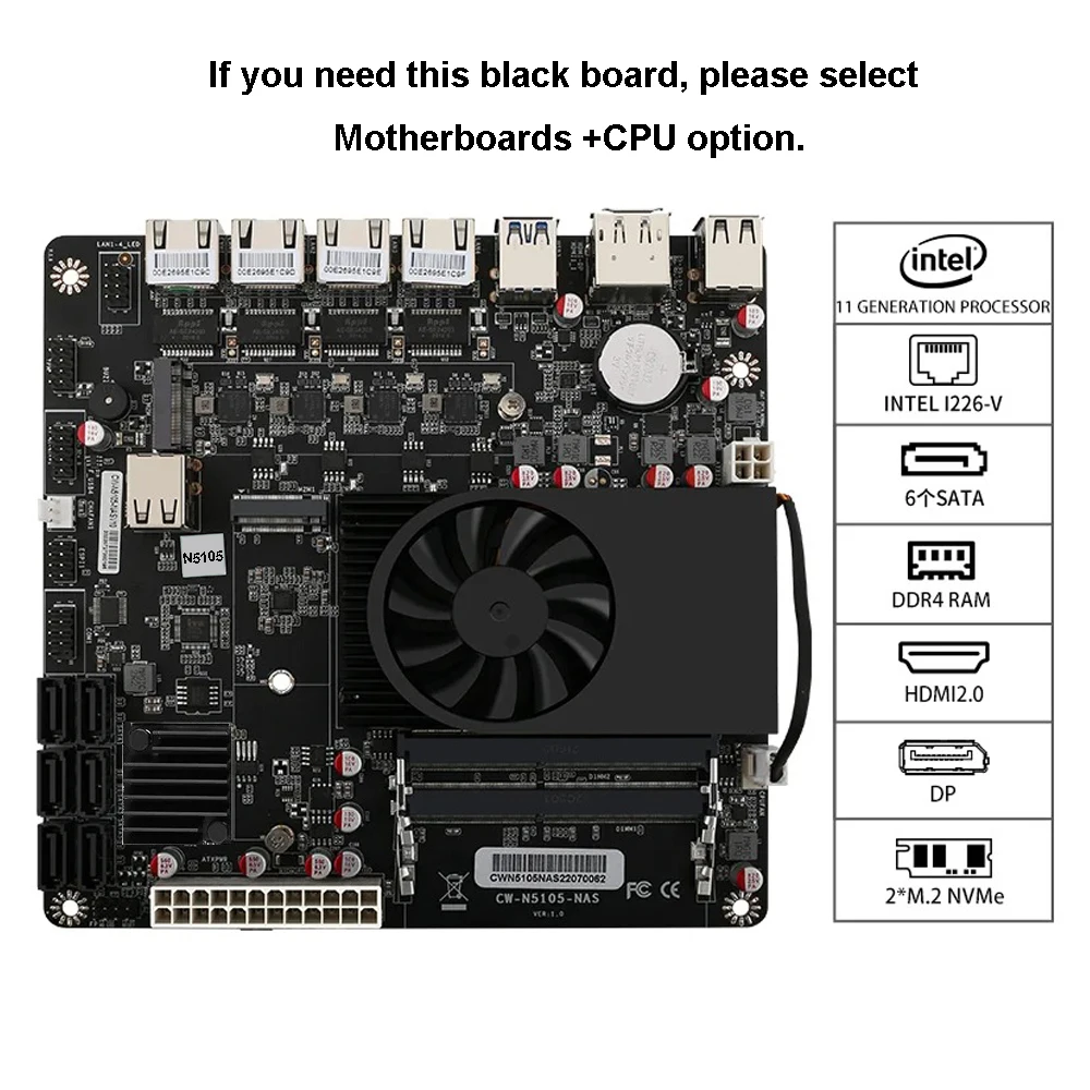 N5105 Industrial Motherboard NAS Motherboards 4 Cores 4 Threads Low Power Processor 4x2.5G I225 Network 2 M.2 Slot 6xSATA DP HD