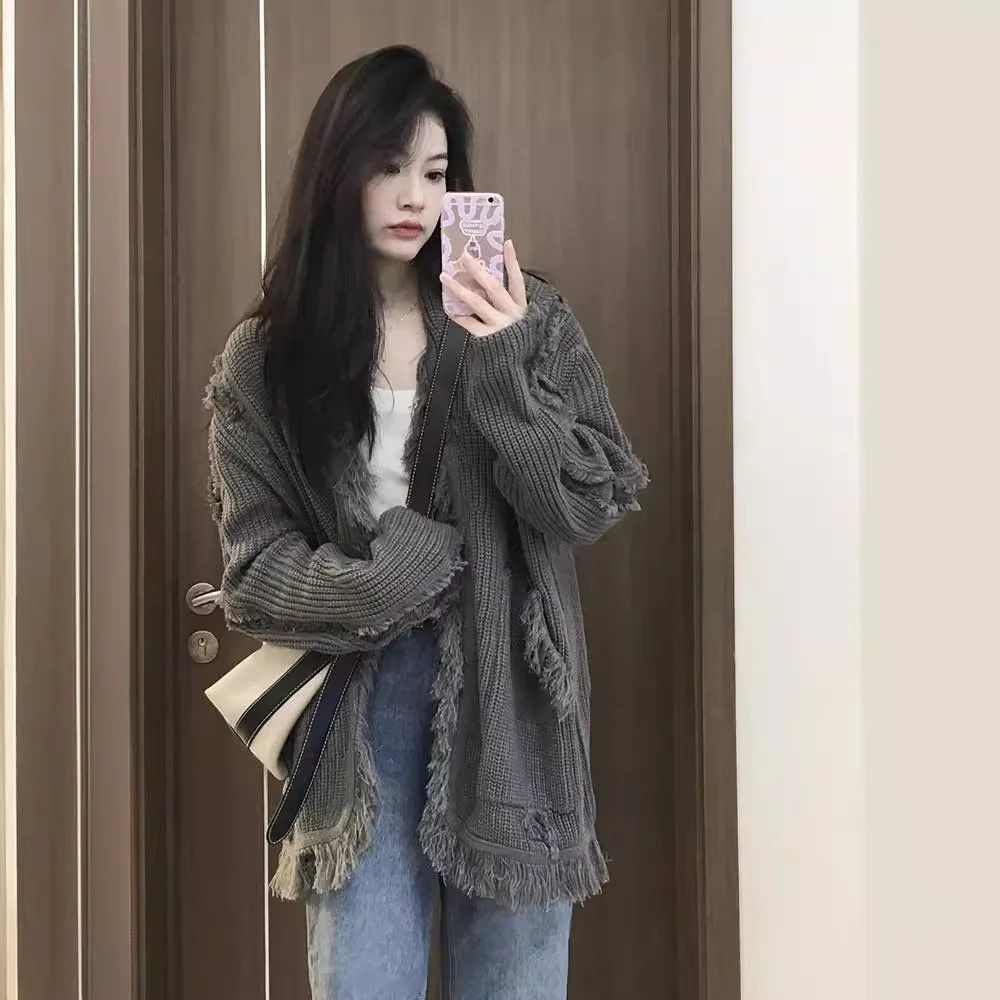 

Женские кардиганы средней длины, вязаные крючком, осенние, легкие, контрастные, с узлами, с круглым вырезом, пушистые, шикарные, высококачественные, асимметричные, в рубчик, OL