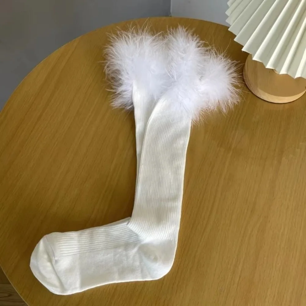 

Japanese Lolita Knee High Socks Furry Feather Trim Sexy Boots Stockings Preppy Style Uniform JK High Tube Socks Leg Warmer