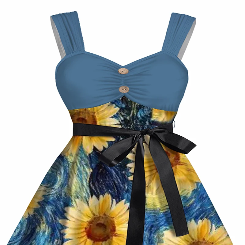 Vestido de verano con estampado de girasol para mujer, minivestido renacentista con botones, busto fruncido, cinturón sin mangas, 2024