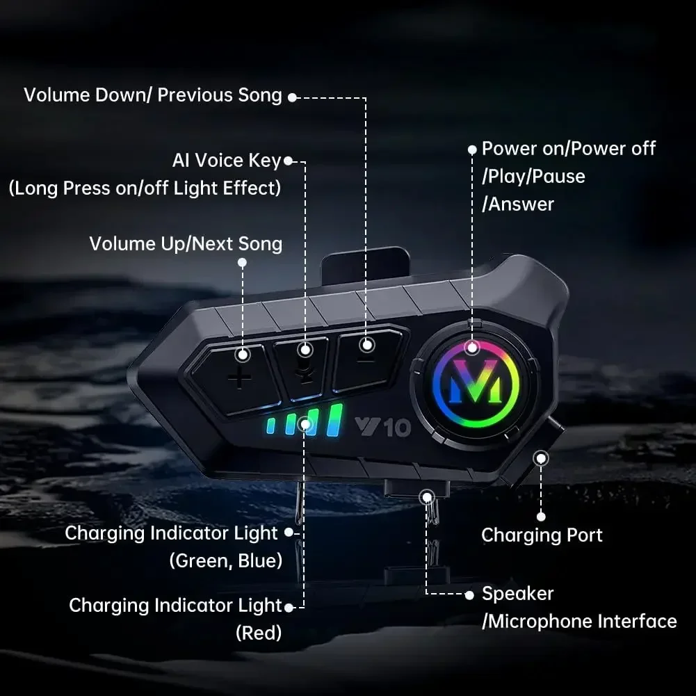 Y10 Zestaw słuchawkowy do kasku motocyklowego Bluetooth 5.3 Sterowanie głosowe Bezprzewodowy zestaw głośnomówiący motocyklowy Wodoodporny