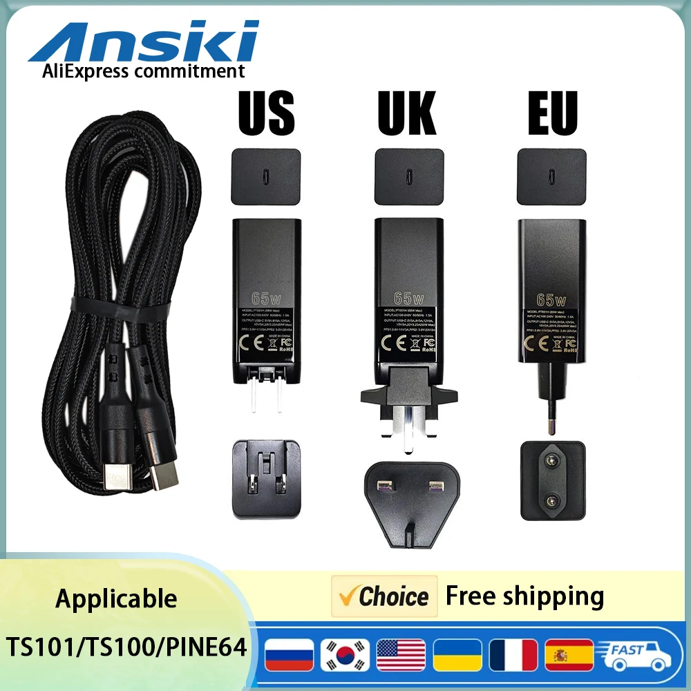 TS101 Pinecil V2 T65 SH01 Electric Soldering Iron Special Adapter 65W GaN PD 3.0 Type-C EU US UK Adapter With Cable set