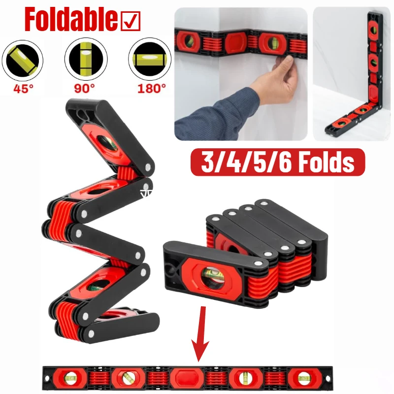 Folding Level Multi-Angle Magnetic Level Ruler with Hinged Sections 3/4/5 Bubble Vials for 0°/45°/90° Reading for Woodworking