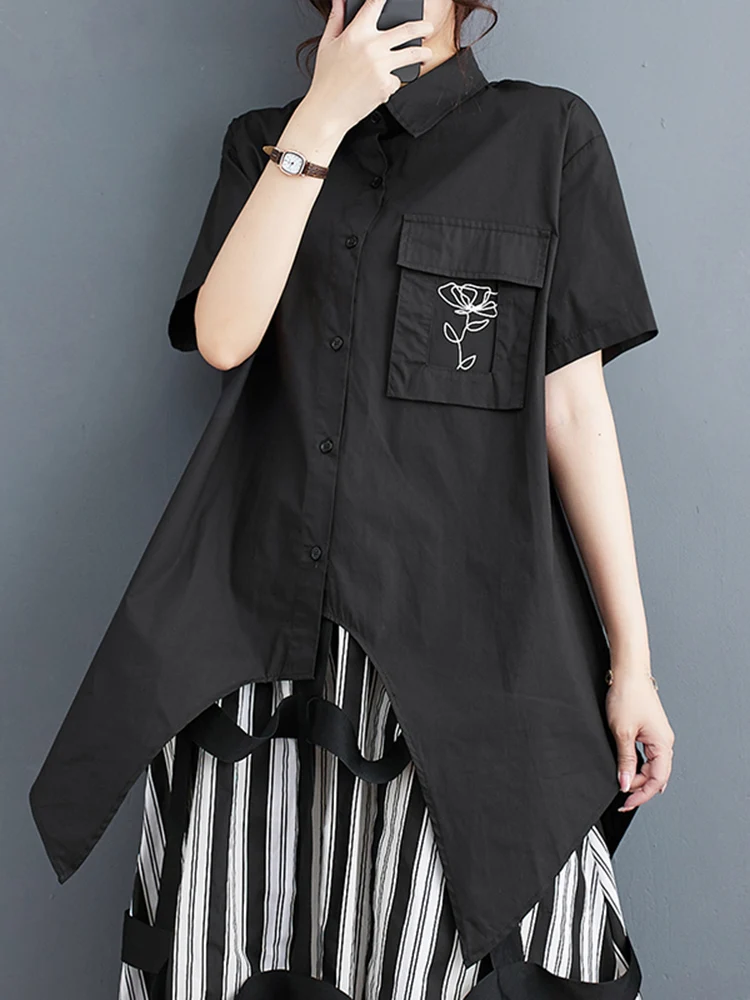 Irregular Black Vintage Print Oversized Shirt Women Short Sleeve Pocket Loose Casual Blouse Top Fashion Clothing New Summer 2024