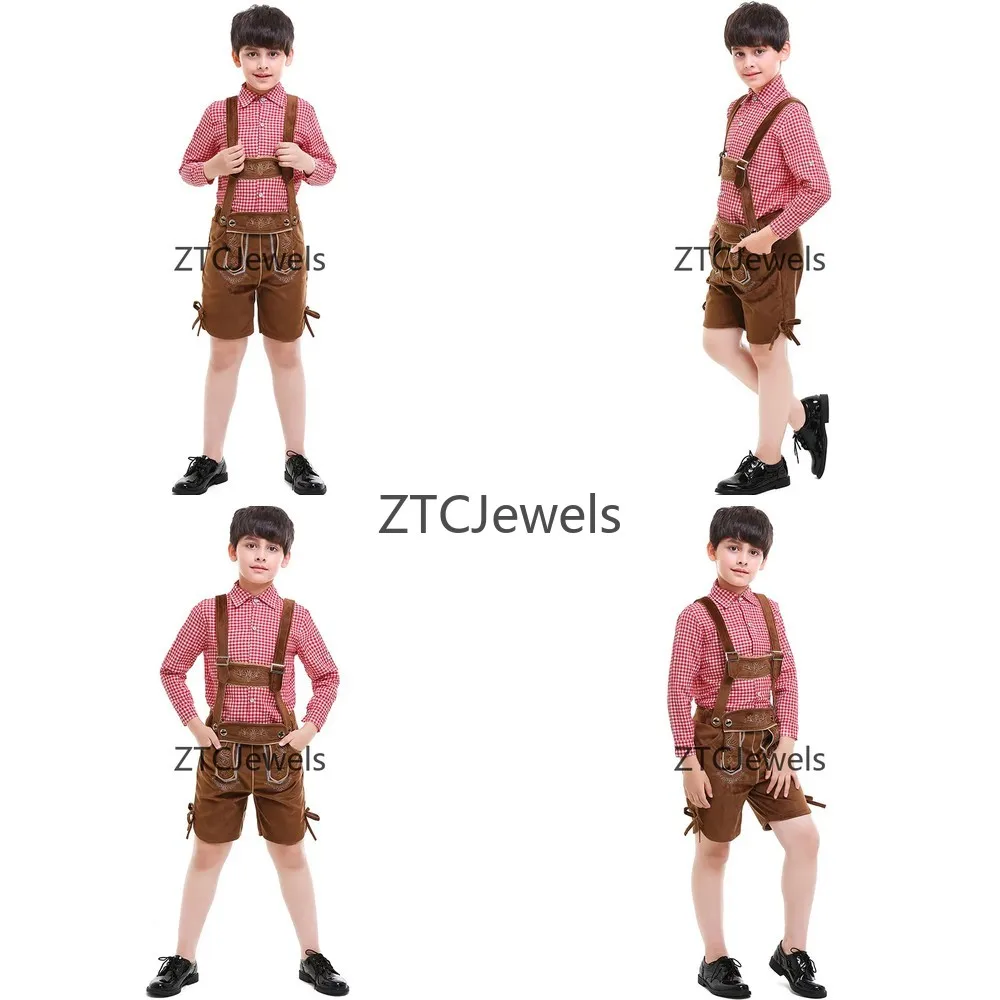 

Oktoberfest Costume Beer Boy Overalls Plaid Shirt Shorts Set Halloween Cosplay Bavaria Festival Party Suit