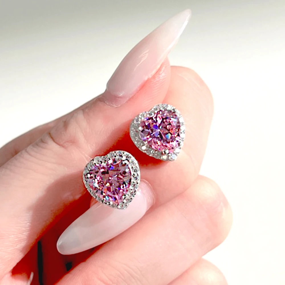 

Real S925 Sterling Silver Heart Earrings Women Brilliant Pink Heart Diamond Earrings Female Luxury Jewelry Shiny 5A Zircon Gift