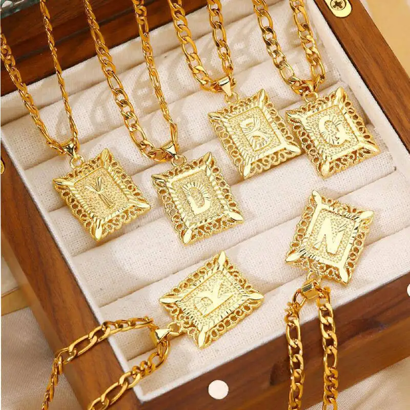 Initial Necklace Square Letter Pendant Necklace Capital Monogram Necklace Alhpabets from A-Z Figaro Chain Necklace