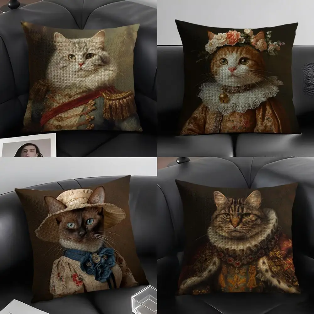 Renaissance Royal Cat Funny Pillow Case Linen Cushion Covers For Decorative Sofa Home Pillows Case Car Chair Pillows Cases