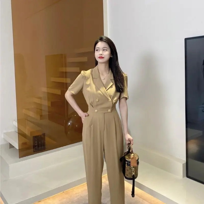 Women\'s Elastic Waist Jumpsuit, Japanese and Korean Style, Monochromatic, Large Suit, Spring, Summer