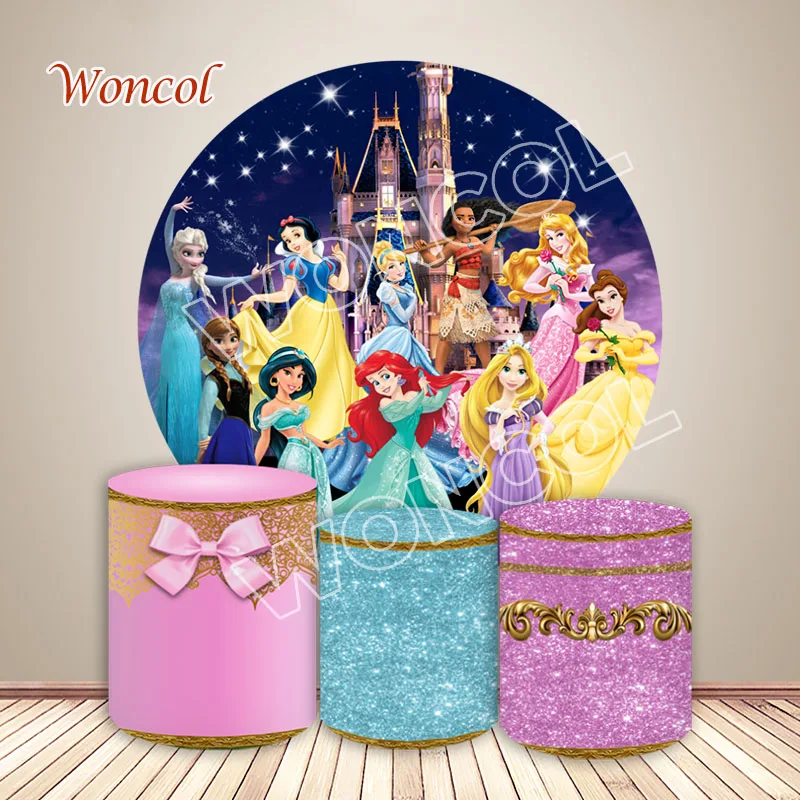 Princess Birthday Round Cover Snow White Cinderella Aurora Ariel Belle Rapunzel Anna Elsa Backdrop Baby Shower Cylinder Cover