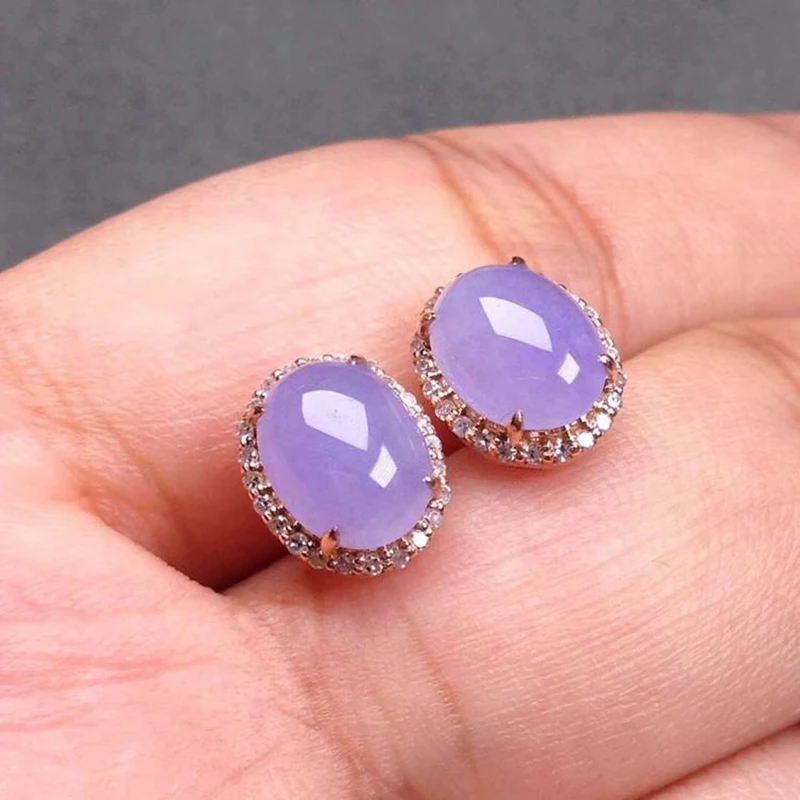 Natural chalcedony violet ladies earrings for women silver diamond oval elegant delicate romantic wedding engagement jewelry