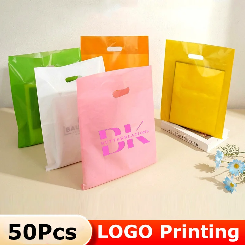 50Pcs Plastic Shopping Bags Logo Print Personalized Gift Bags For Small Business Boutique Retail Bag Boutique Bags