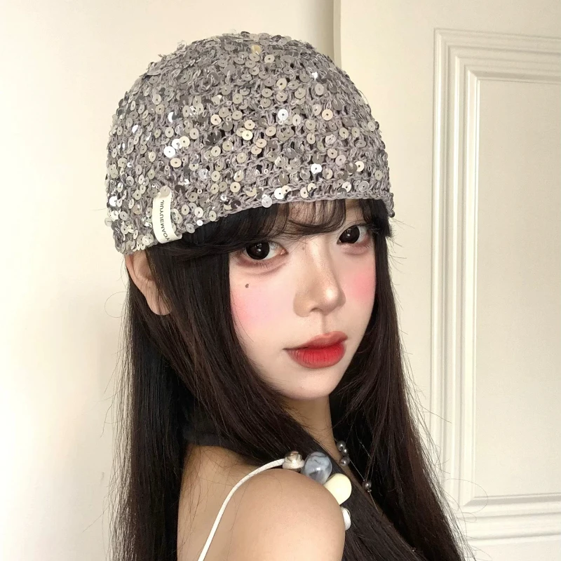 Vintage Silver Sequined Knitted Beanies Y2K Spring Autumn Street Trend Versatile Niche Design Fashion Pullover Hats for Women