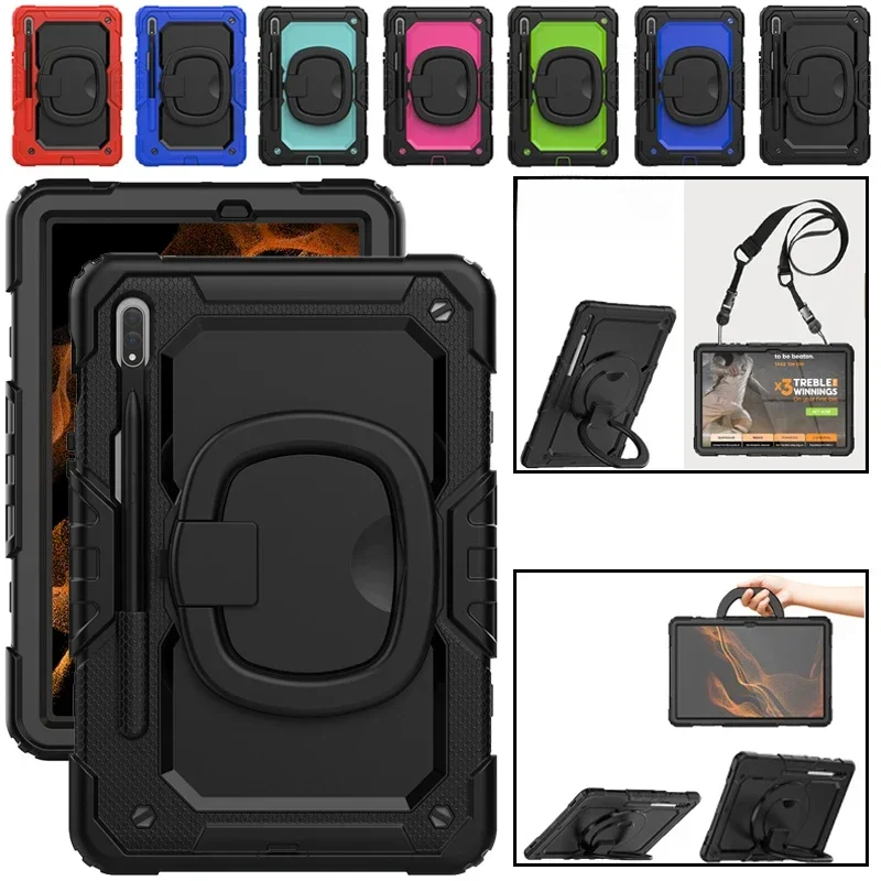 

360 Rotation Kids Case for Samsung Tab S10 FE Plus 2025 S7+ S8 S9 SM-X610 X810 S10 Ultra SM-X920 X910 X510 Cover Shoulder Strap