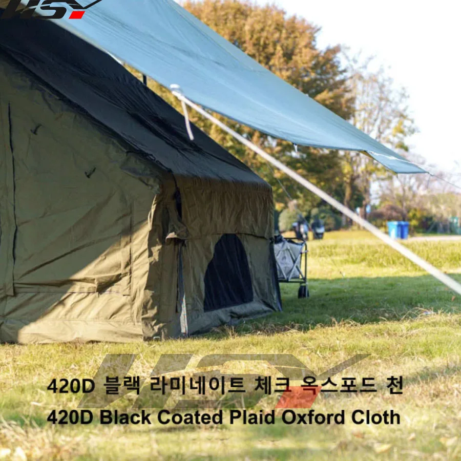 6x6m Army Green Black Coated Camping Tarp 420D Plaid Oxford Cloth Waterproof Anti‑UV Sun Shade Canopy Outdoor Beach Shelter