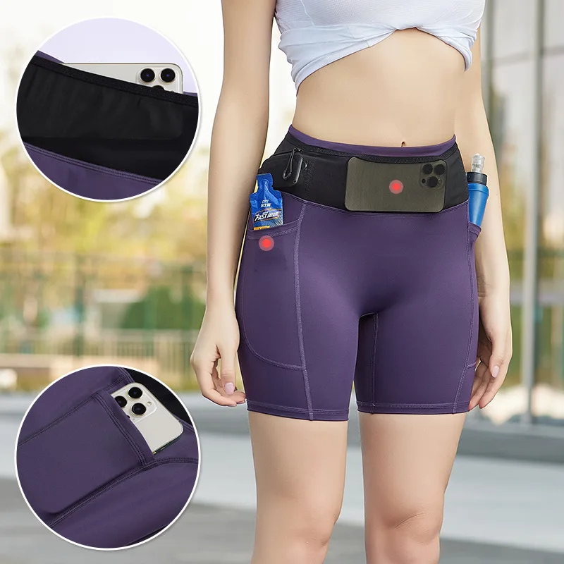 女性用ランニングショーツ、電話ポケットとウエストベルト付き、ジムやジョギング用の複数ポケット付きアスレチックコンプレッションショーツ