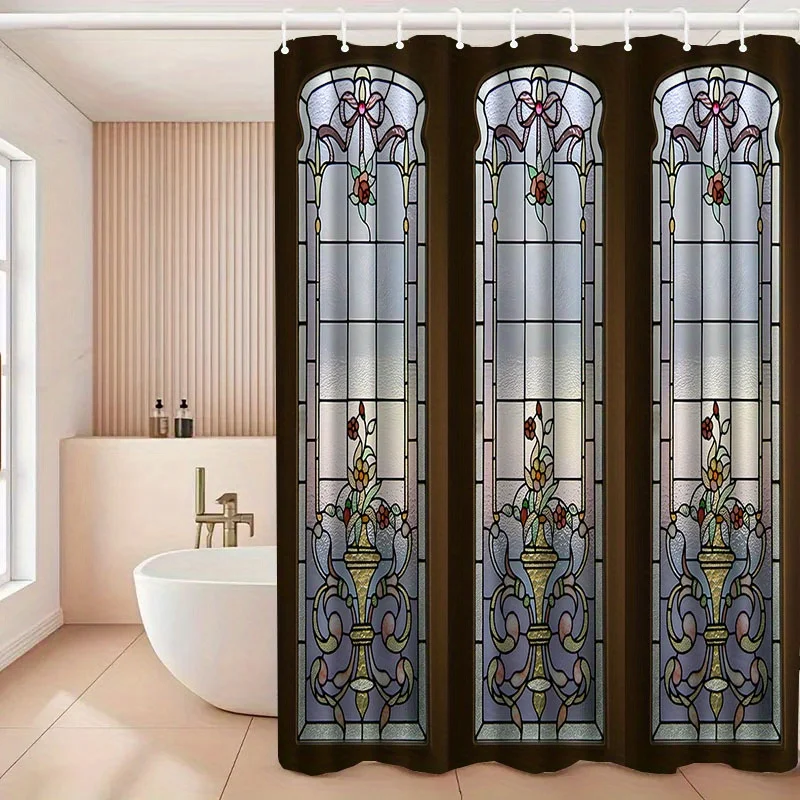 Triple Panel Gothic Stained Glass Shower Curtain Waterproof Ornate Decorative Victorian Bathroom Liner for Luxury Master Bath